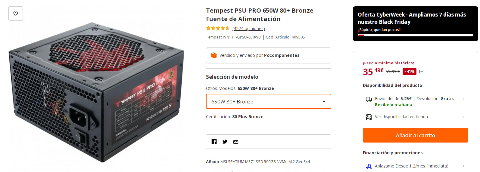 Tempest Gaming GPSU Fuente de Alimentación 650W