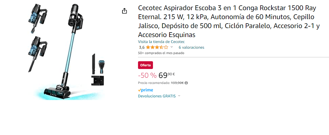 Cecotec Aspirador Escoba 3 en 1 Conga Rockstar 1500 Ray Eternal. 215 W, 12  kPa, Autonomía de 60 Minutos, Cepillo Jalisco, Depósito de 500 ml, Ciclón  Paralelo, Accesorio 2-1 y Accesorio Esquinas : : Hogar y cocina