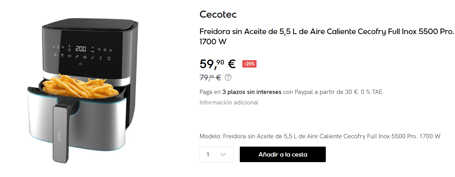 Freidora sin Aceite de 5,5 L de Aire Caliente Cecotec Cecofry Full Inox 5500  Pro.