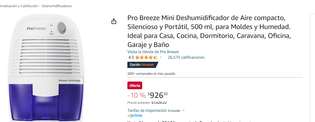 Pro Breeze Mini Deshumidificador de Aire compacto, Silencioso y Portátil,  500 ml, para Moldes y Humedad. Ideal para Casa, Cocina, Dormitorio,  Caravana, Oficina, Garaje y Baño : .com.mx: Hogar y Cocina