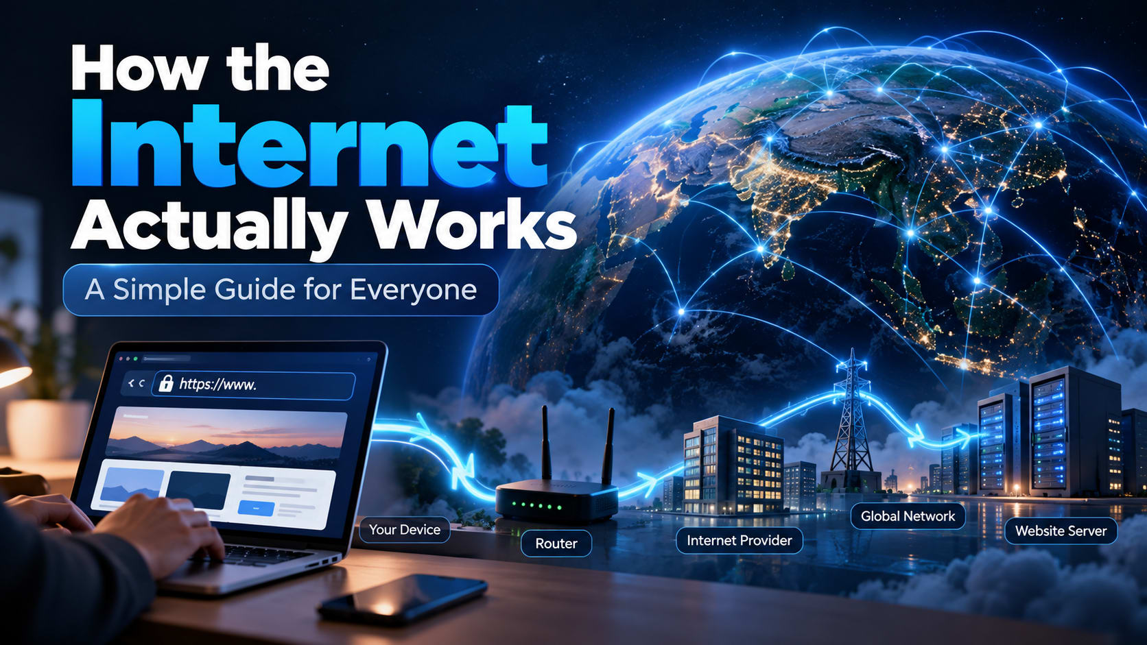 Illustration showing how the internet works, with a laptop connected through a router, internet provider, global network, and website server, alongside a connected Earth with glowing network lines.