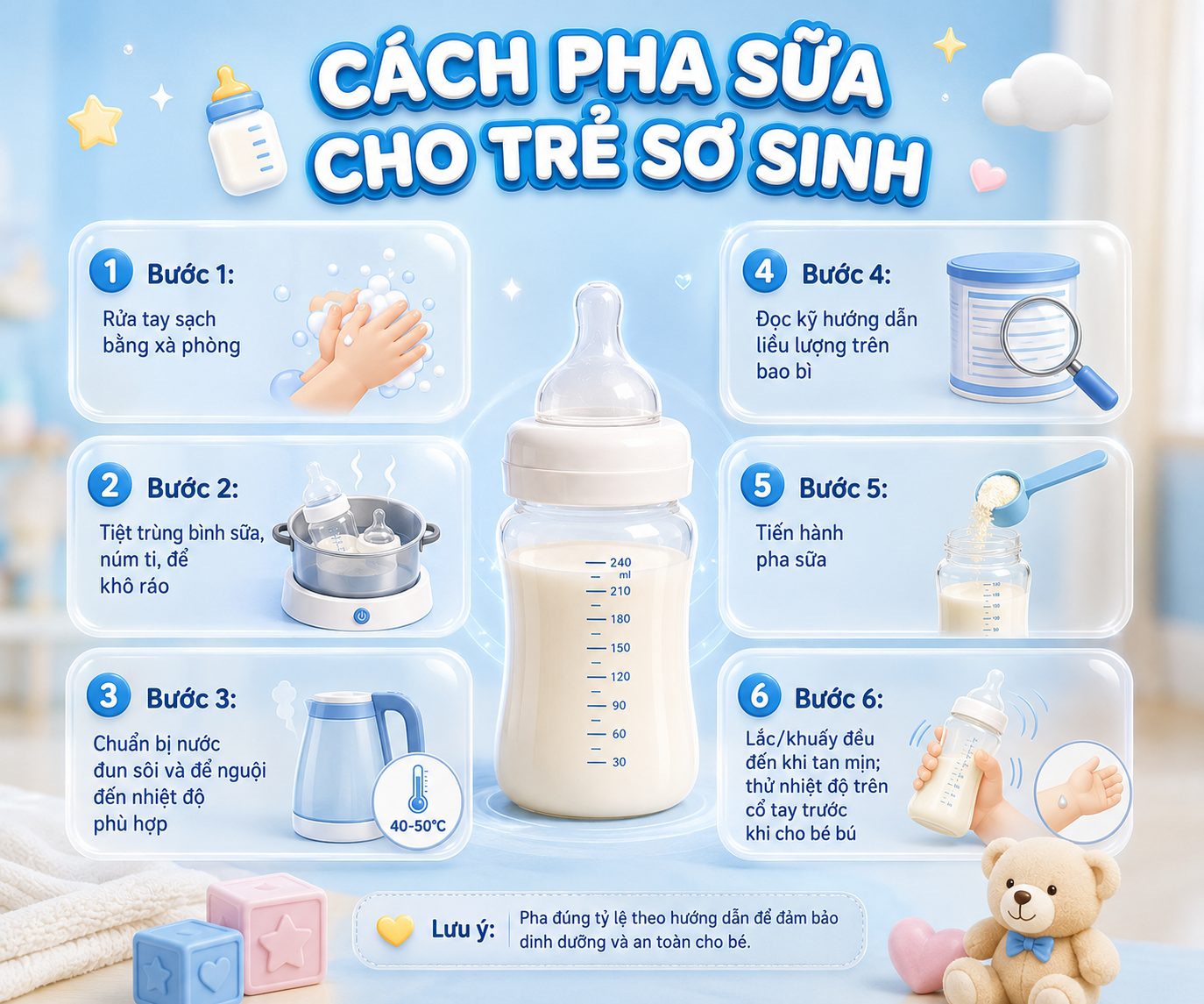 cach pha sua cho tre so sinh trong 6 buoc