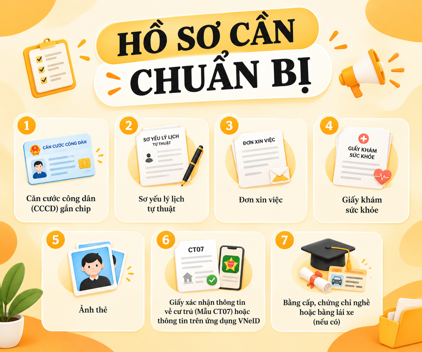 Hồ sơ cần chuẩn bị khi xin việc lao động phổ thông gồm CCCD, sơ yếu lý lịch và giấy khám sức khỏe