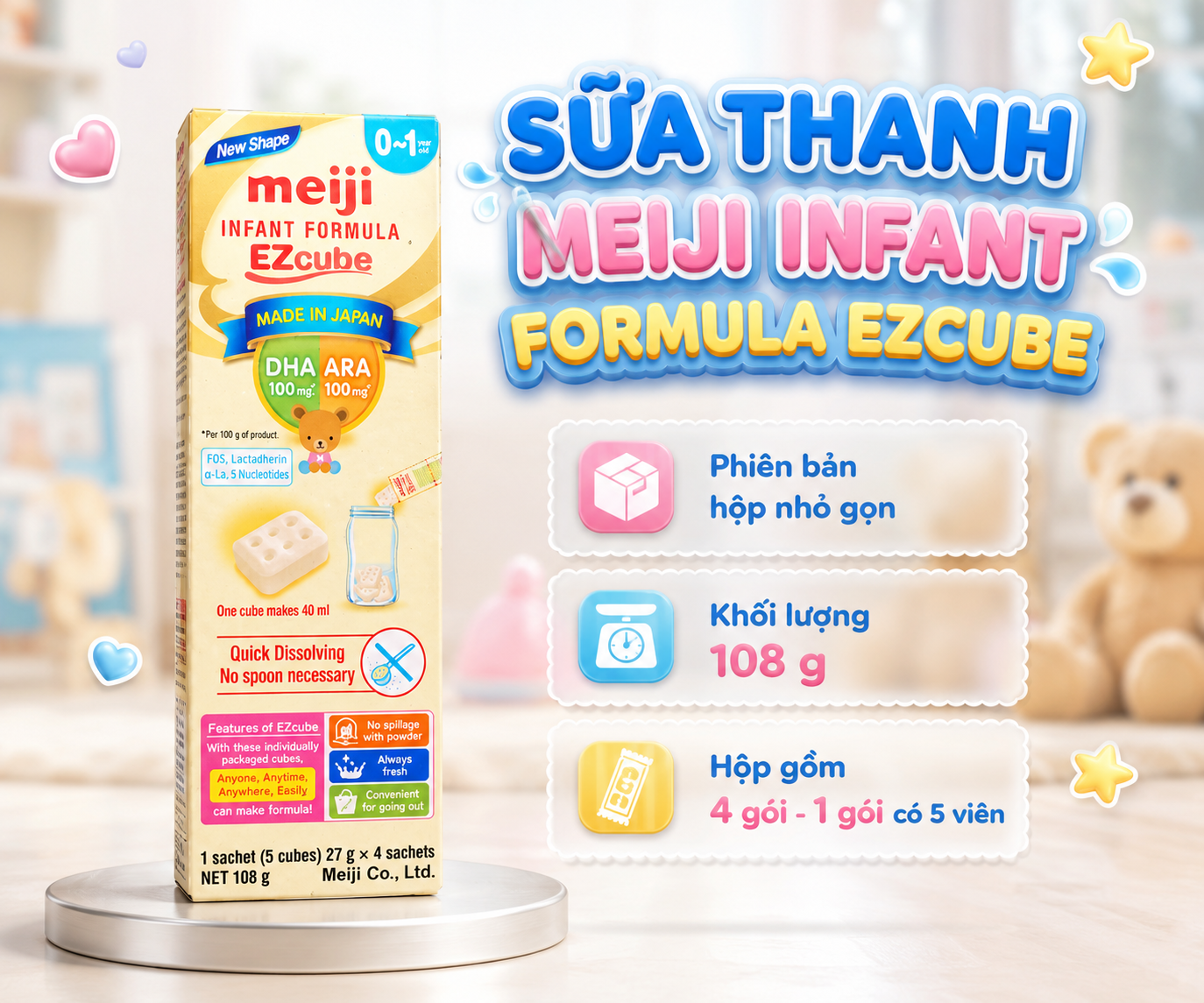 Sữa thanh Meiji Infant Formula EZcube 108 g, phiên bản nhỏ gọn mang ra ngoài tiện lợi