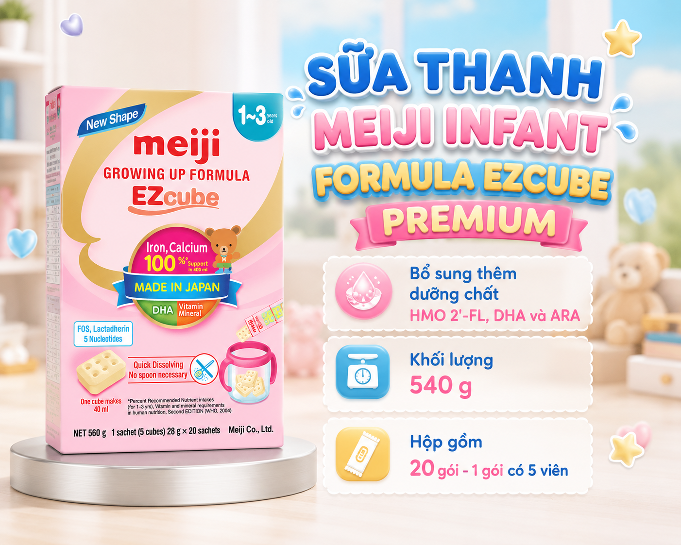 Sữa thanh Meiji Infant Formula EZcube Premium 540g, dòng sản phẩm bổ sung thêm HMO 2'-FL và gia tăng hàm lượng DHA và ARA