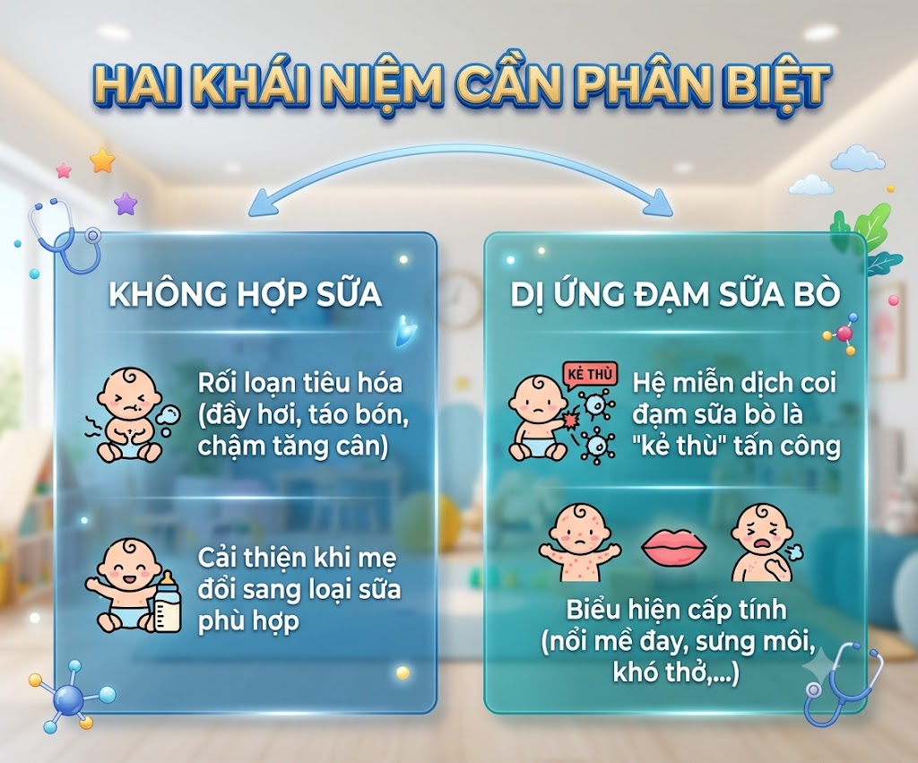 Hình ảnh minh họa cho hai khái niệm “Không hợp sữa” và “Dị ứng đạm bò” mẹ cần phải biết