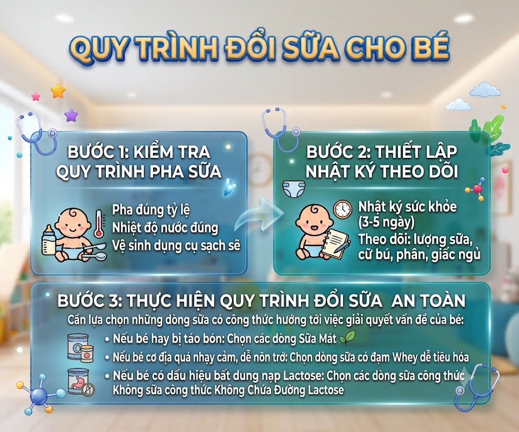 Minh họa quy trình ba bước đổi sữa cho bé khi có các triệu chứng bé không hợp sữa công thức đang dùng
