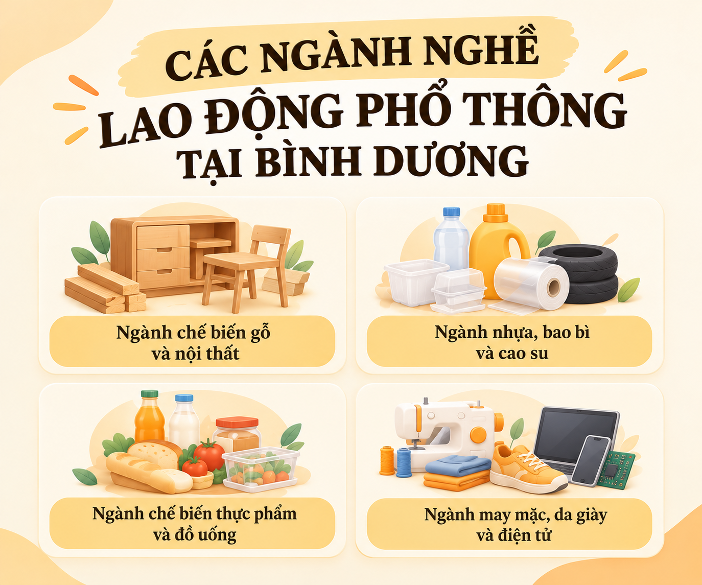 Các ngành nghề lao động phổ thông tại Bình Dương gồm chế biến gỗ và nội thất, nhựa bao bì cao su, thực phẩm đồ uống, may mặc da giày và điện tử.