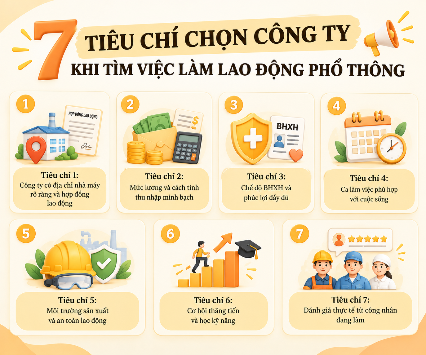 Infographic 7 tiêu chí chọn công ty khi tìm việc làm lao động phổ thông, từ địa chỉ nhà máy, thu nhập minh bạch đến cơ hội thăng tiến