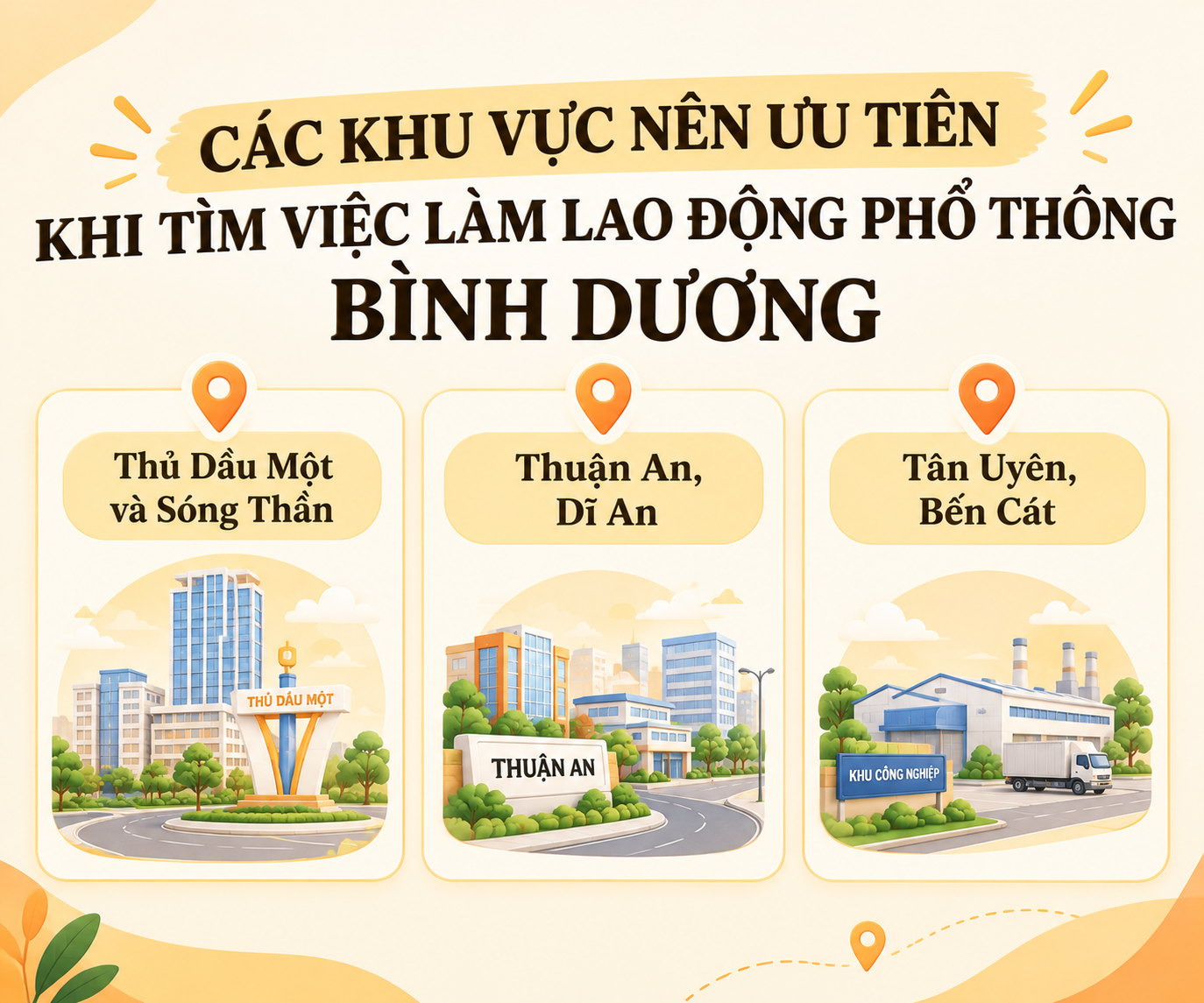 Các khu vực tìm việc làm lao động phổ thông tại Bình Dương gồm Thủ Dầu Một, Sóng Thần, Thuận An, Dĩ An, Tân Uyên và Bến Cát
