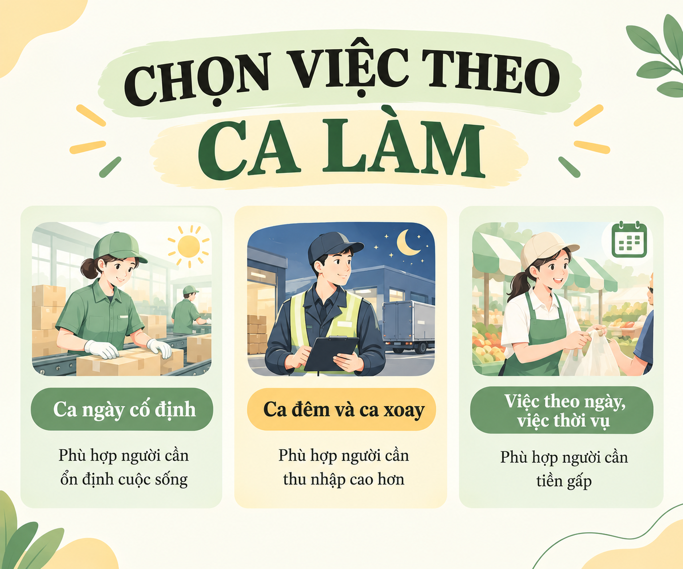 Minh họa ba hình thức việc làm theo ca gồm ca ngày cố định, ca đêm và ca xoay, việc theo ngày và việc thời vụ