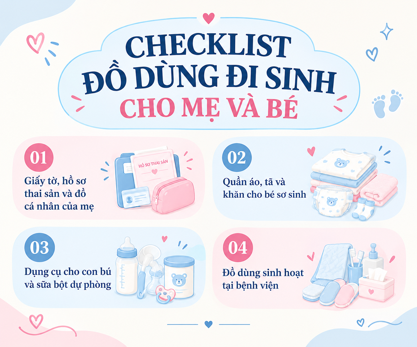 Danh sách đồ dùng đi sinh cho mẹ và bé gồm giấy tờ thai sản, quần áo sơ sinh, dụng cụ cho con bú và đồ dùng tại bệnh viện