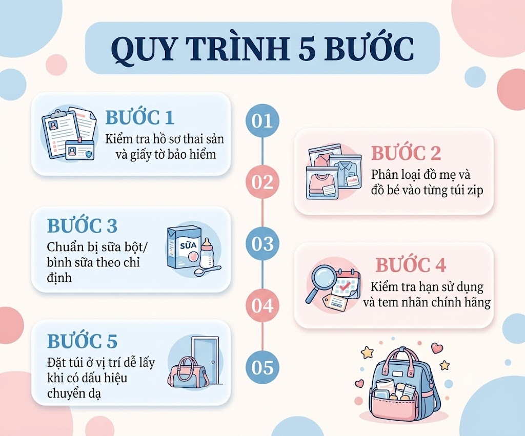 Quy trình 5 bước chuẩn bị đồ dùng đi sinh cho mẹ và bé với hồ sơ thai sản, đồ dùng cá nhân và túi đi sinh