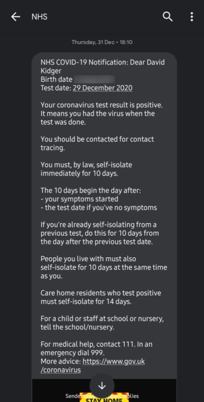 The phone text received for a positive test result, and the instructions to isolate, with further information and help links