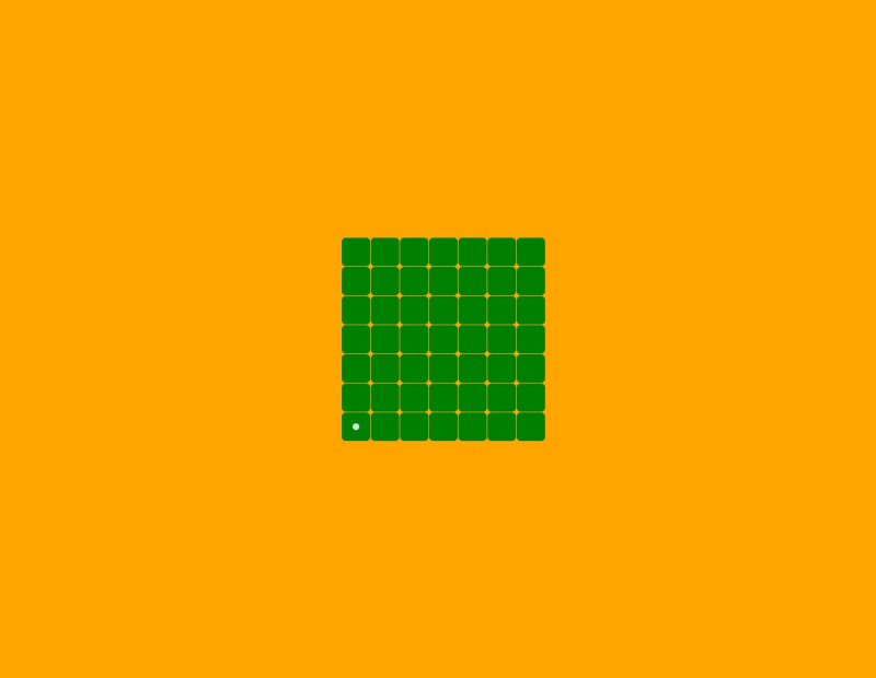 A 7 × 7 grid of tiles, with a single white dot to show the position of the player in the lower left of the grid