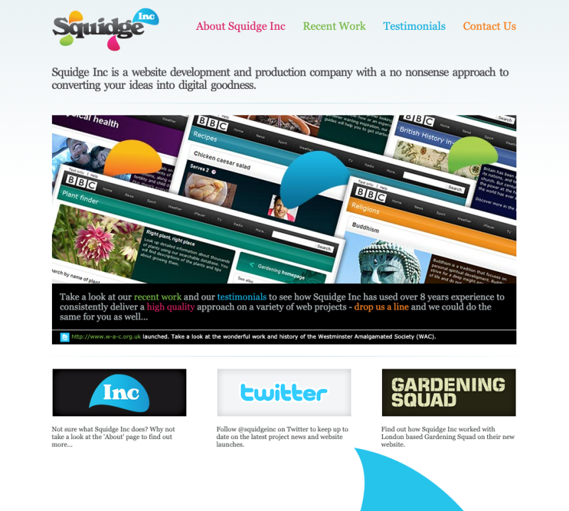 Version 1 of the Squidge Inc website, with large main promo image and global navigation