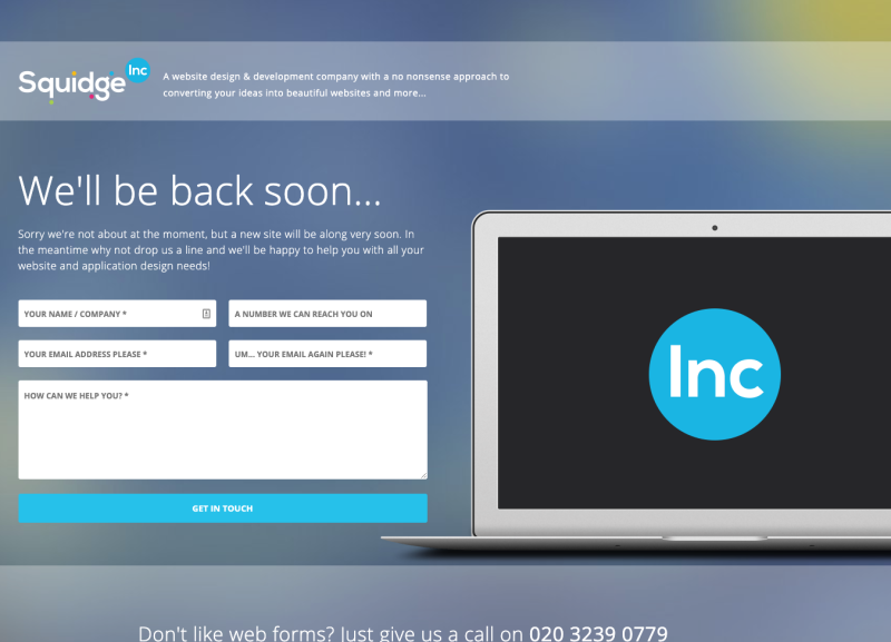 Simple holding page style Squidge Inc website, with contact form to get in touch.