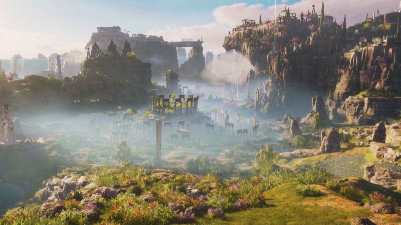 A colourful landscape with mountains, ruins and lush vegetation from Assassin's Creed Odyssey