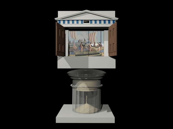 Automaton theatre designed by Hero of Alexandria, presenting <em>The Legend of Nauplios</em>: computer model by Richard Beacham and Janis Atelbauers