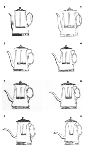 A drawing of a coffee pot is copied seven times. Look at the spout