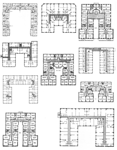 19th and early 20th century American buildings with U-shaped plans, from Steven Holl, <em>The Alphabetical City</em>