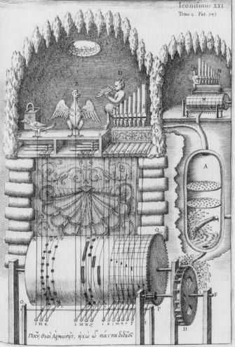 Design for two linked water organs with automata, by Athanasius Kircher. The smaller instrument is played by Echo