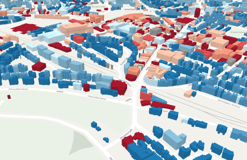 A 3DStock model of part of the London Borough of Camden. The buildings shown in shades of red and pink contain non-domestic activities. The buildings in blue are houses and blocks of flats.