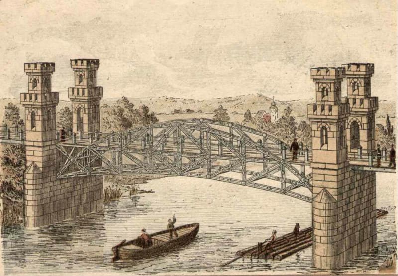 A bridge built from Anker blocks and metal pieces; from George F Hardy, <em>Richters Anker-Steinbaukasten</em> p.42