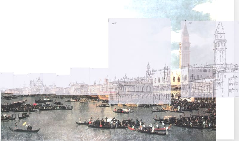 The Bacino di San Marco: Canaletto's sketches superimposed over his painting. The Campanile is moved to the left.