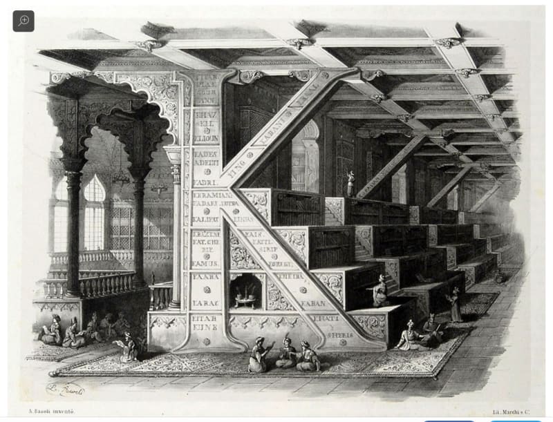 The letter K from Antonio Basoli's Alfabeto Pittorico, 1839