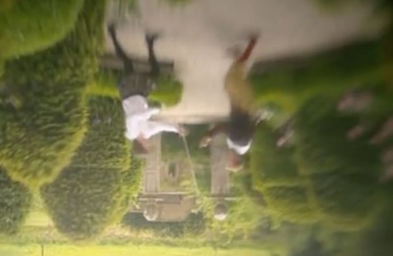 Swordsmen fighting in a 'camera obscura theatre' show. The camera has a simple single lens, and so the image is upside down.