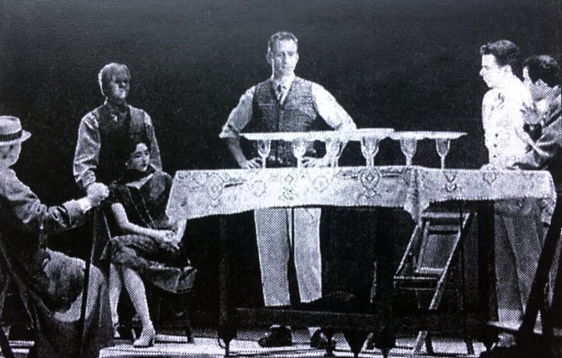 Wright's apprentices improvise a model of the Great Workroom, in Robert Lepage's play <em>The Geometry of Miracles</em>: photo from teealagic.com