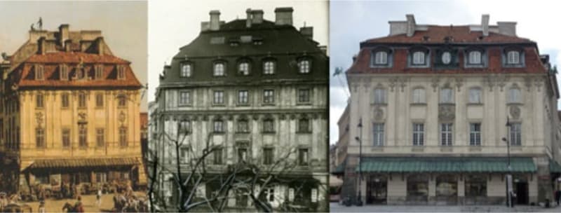 John's House on Castle Square, Warsaw, as painted by Bellotto, photographed before WW2, and reconstructed after the War: images from Philip McCouat, <em>Journal of Art in Society</em> 2015