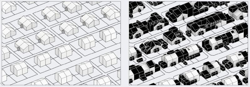 'Quarter-detached' houses in the Cité Ouvrière, Mulhouse, as built (left) and as they are today (right). Extensions are shown in black. Drawing by Fani Kostourou