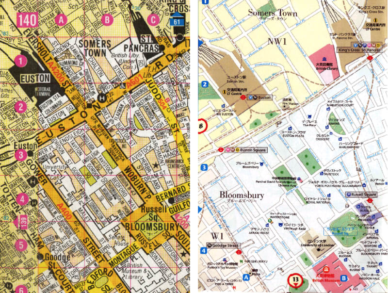 Bloomsbury in the London A-Z Street Atlas (left) and in the I Map Guide London (right) published in Tokyo