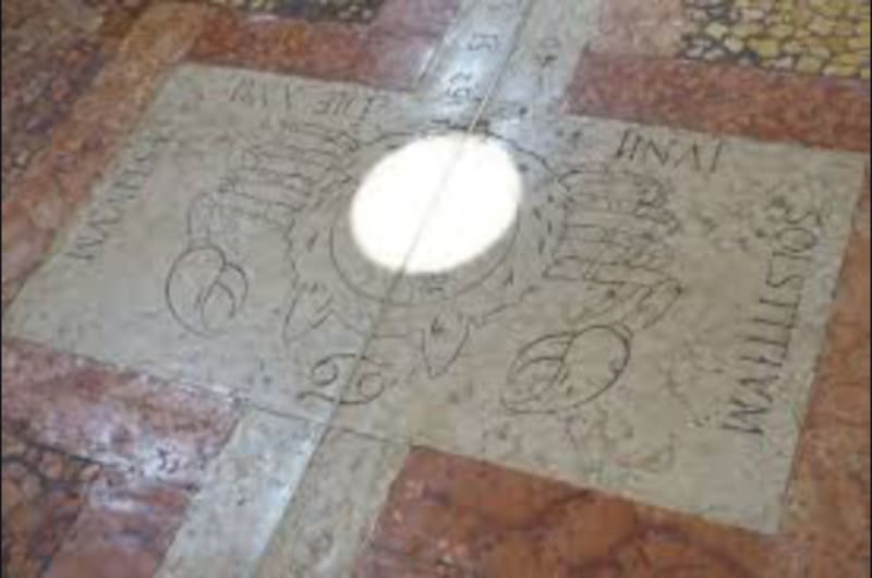 The inset metal strip marking the meridian at San Petronio, with the sun's image falling on it at noon. The stone panel depicts the Zodiac sign of Cancer. Photo from pauls-bologna blog, November 2nd, 2017