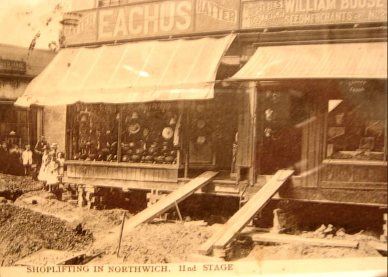 'Shoplifting in Northwich'; buildings are raised on jacks. Photo from Stubby43