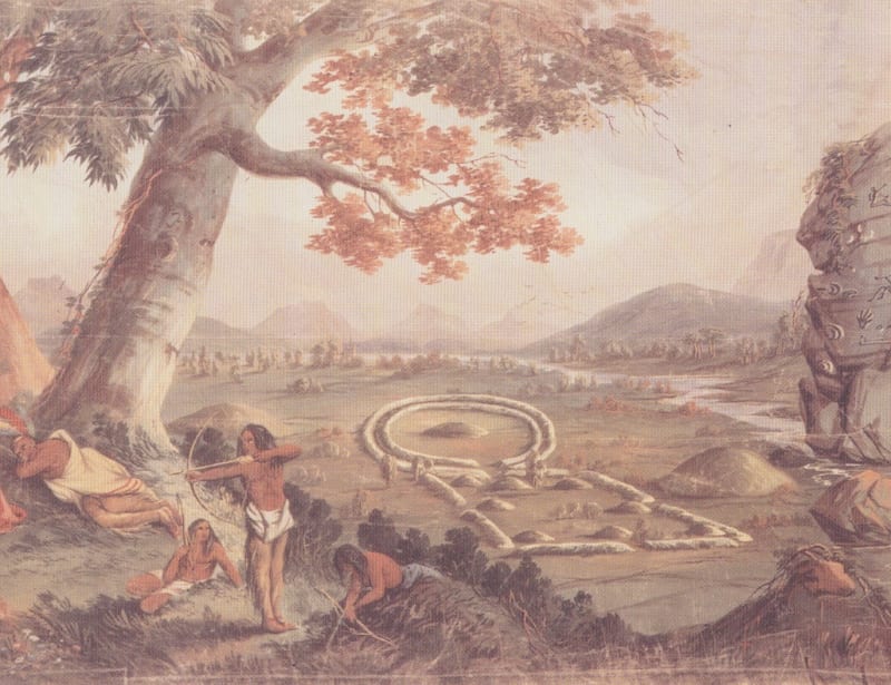 The Hopewell earthworks on which Circleville was founded: detail from John J Egan, 'Panorama of the Monumental Grandeur of the Mississippi Valley', c.1850, St Louis Art Museum, Eliza McMillan Fund