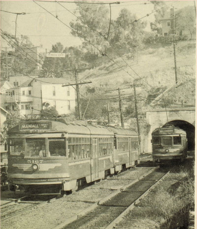 Red Cars on the Glendale Line, emerging from the tunnel into the Hill Street terminal