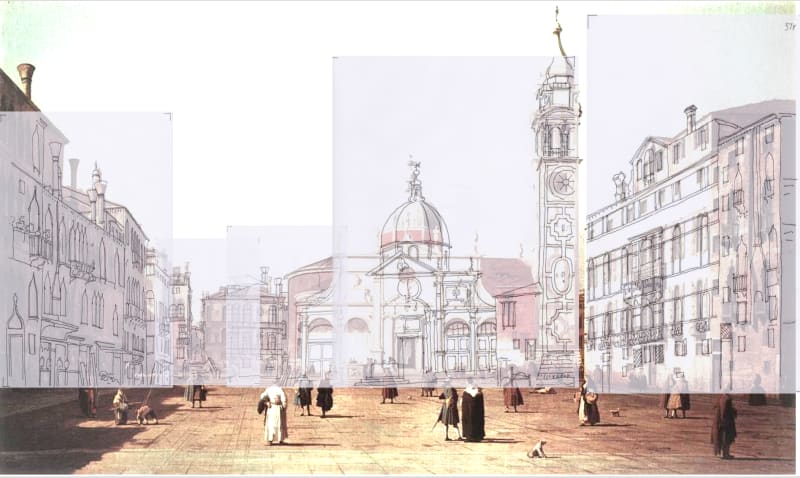 The Campo Santa Maria Formosa: Canaletto's sketches superimposed over his painting. The church and dome have been raised and enlarged