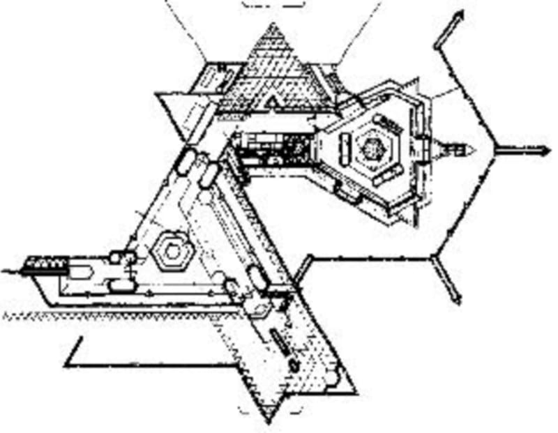 Plan of Shin'enKan (the House of the Faraway Heart) designed by Bruce Goff, extending the Joe Price Studio. The original studio is at the left, and the hexagonal gallery of Edo art at the right: from archinform.net