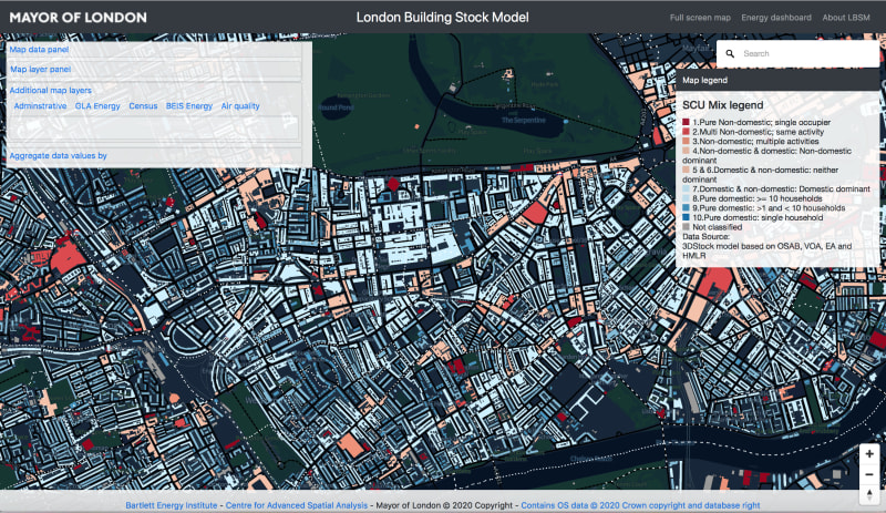 A map from the London Building Stock Model, showing domestic buildings (blue), non-domestic buildings (red), and mixed-use buildings