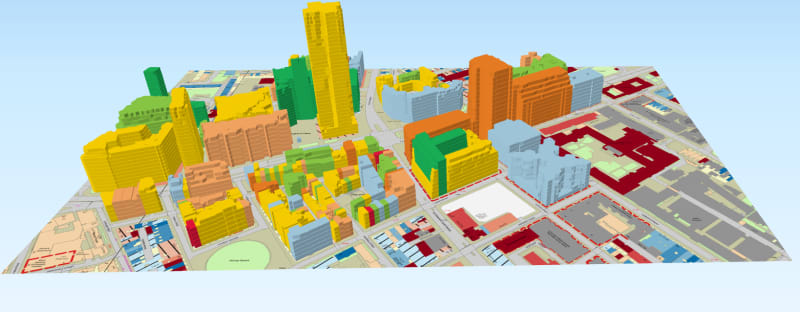 A 3DStock model of part of Bloomsbury in London, centred on University College Hospital. The colours code for Energy Performance Certificate grades