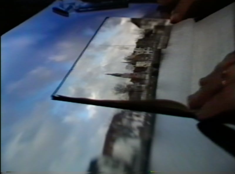 The scene – as it is today – depicted by Vermeer in his ‘View of Delft’, projected onto a horizontal screen in a tent camera obscura. The sketchbook belongs to Rolf Harris, who was surprised to find the View on the page, and even more surprised to find it again on the next page, when he turned over.