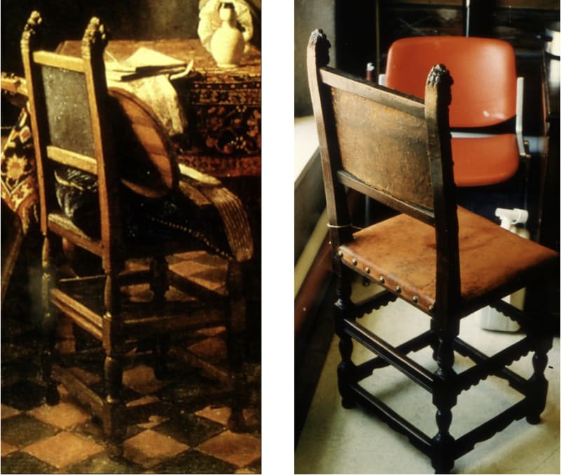 (Left), lion's head chair in Vermeer's 'The Glass of Wine'; (right), real lion's head chair in the Prinsenhof Museum, Delft