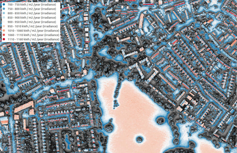 A section of the London Solar Opportunity Map: blue shows low levels and red shows high levels of solar radiation falling on roofs and land