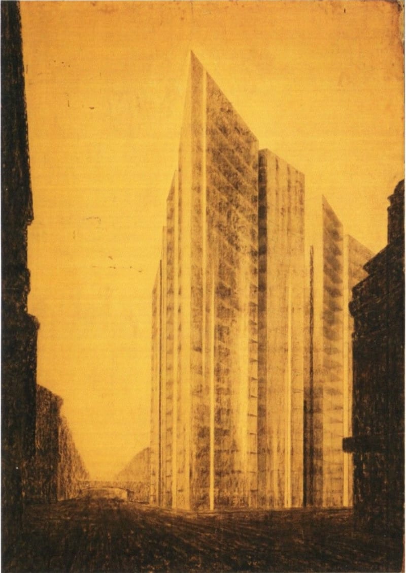 Mies van der Rohe, project for a glass skyscraper on Friedrichstrasse, Berlin, 1922: postcard, MOMA New York