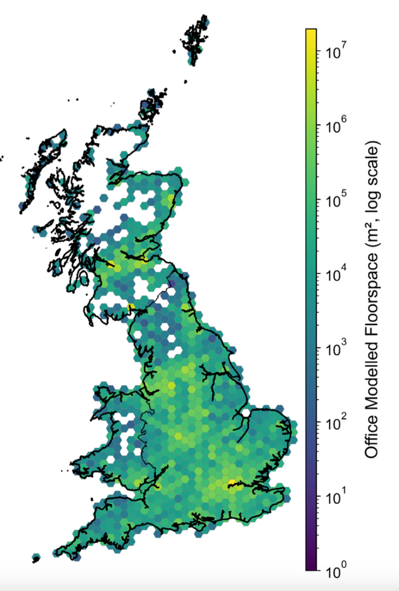 The distribution of office floorspace across Great Britain, from Department of Energy Security and Net Zero, <em>National Buildings Database</em>, 2026