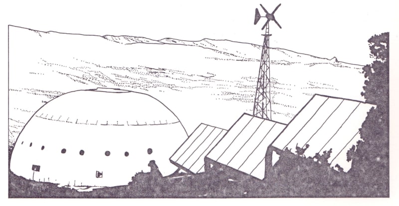 The house built by Robert Reines at Tijeras, New Mexico, built in 1972, showing the solar thermal collectors and wind turbine