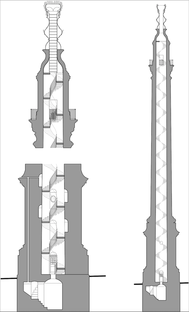 Section through the Monument to the Great Fire showing the basement laboratory and stairway to the hinged 'lid' of the flaming urn. Drawing by John Hare